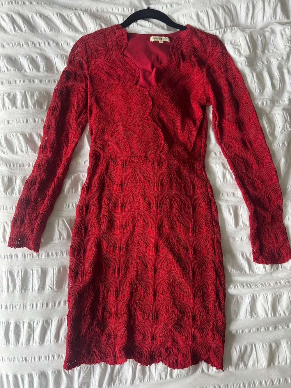 Nightcap Red Lace Long-Sleeve Scalloped V-Neck Dress